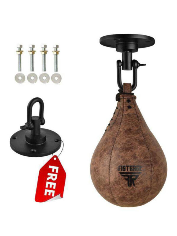 FISTRAGE Speed Ball Boxing Bag Leather MMA Muay Thai Training Punching Dodge Striking Kit with Free Hanging Swivel Workout Speedball Kicking Platform Equipment (Vintage Black)