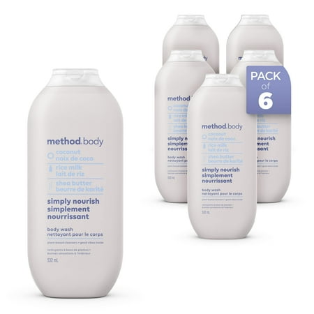 Method Simply Nourish Body Wash, Moisturizing Shower Gel and Body Soap Formulated with Coconut, Rice Milk, and Shea Butter, 532 ml Bottles, 6 Pack